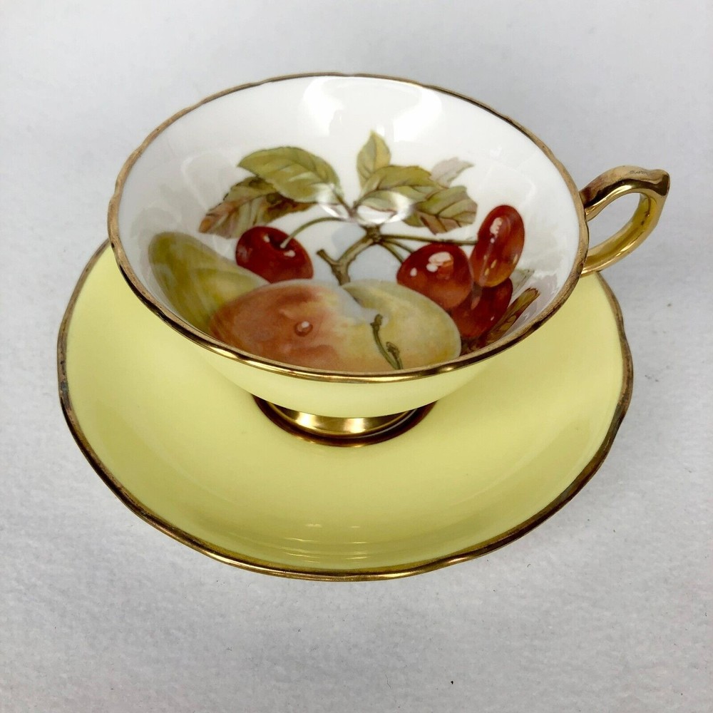 HAMMERSLEY Teacup & Saucer Fruit Peach Cherries Yellow Gold Gilded Pedestal